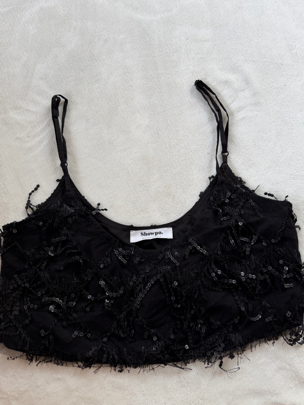 Showpo Black Sequin Fringe Crop Cami